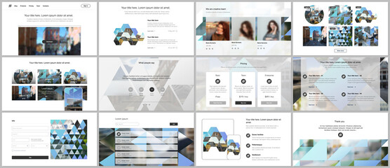 Vector templates for website design, presentations, portfolio. Templates with triangles, triangular pattern for presentation slides, flyer, leaflet, brochure cover. Backgrounds with place for photo.