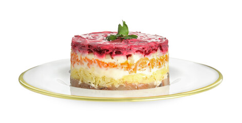 Herring under fur coat isolated on white. Traditional russian salad