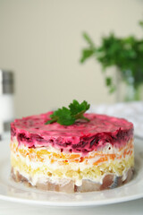 Herring under fur coat on plate, closeup with space for text. Traditional russian salad