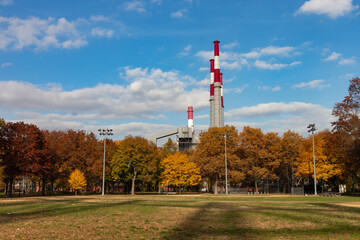 Obraz premium Grass Field at Queensbridge Park in Long Island City Queens New York during Autumn with Colorful Trees