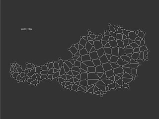 Austria Map Point scales on black background. Wire frame polygonal network white line, dot and shadow dot.