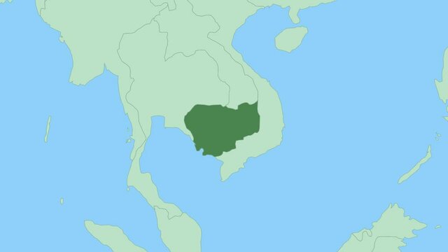 Map of Cambodia with pin of country capital. Cambodia Map with neighboring countries in green color.
