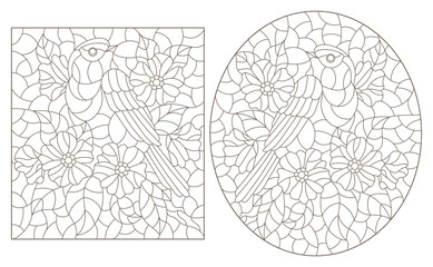 Set of contour illustrations in stained glass style with cute birds and flowers, dark outlines on a white background