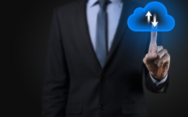 Businessman hold cloud icon.Cloud computing concept - connect smart phone to cloud. computing network information technologist with smart phone.Big data Concept.