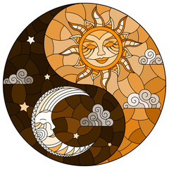 Illustration with sun and moon on sky background in the form of Yin Yang sign, circular image, tone brown, monochrome