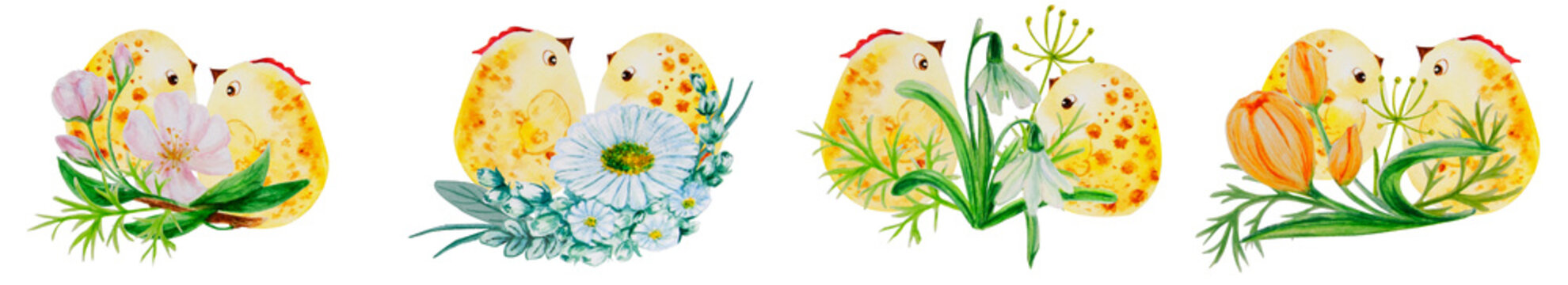 These are 4 pictures of a hen with a chicken and bouquets of spring flowers. This is painted in watercolor.