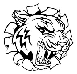 A tiger cartoon animal mascot tearing or ripping through the background