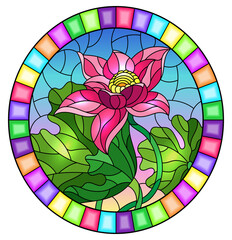 Illustration in stained glass style with flowers, buds and leaves of a pink Lotus on a sky  background