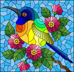 Illustration in the style of stained glass with a beautiful bright bird  on a  background of branch of tree with pink flowers and sky, rectangular image