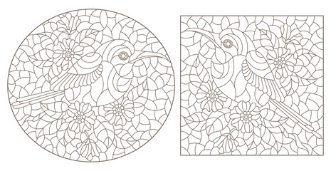 Set of contour illustrations in stained glass style with cute birds and flowers, dark outlines on a white background