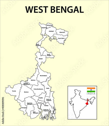 West Bengal Map Kolkata West Bengal Map Political And Administrative Map Of West Bengal With  Districts Name Showing International And State Boundary And District  Boundary Of Assam Illustration Of Districts Kolkata Map Abstract Wall Mural  |