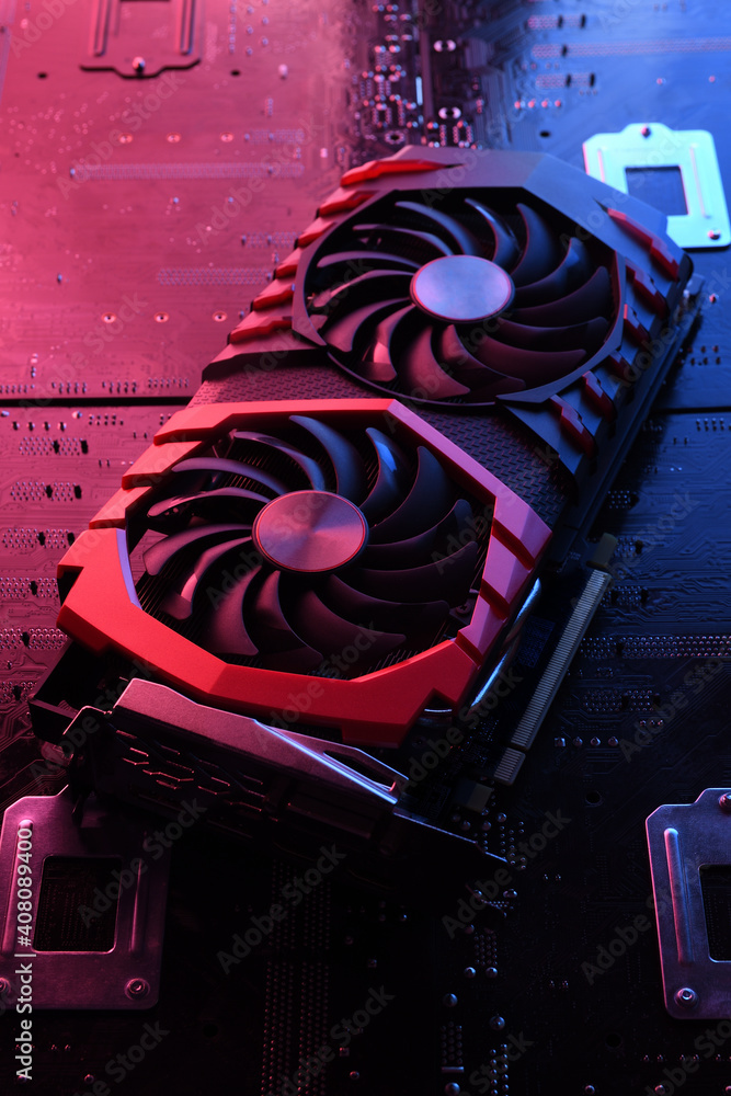 Poster computer game graphics card, videocard with two coolers on circuit board ,motherboard background. cl