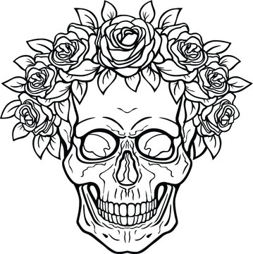 Mystical drawing:  human skull in a crown of roses. Magic, esoteric, occultism. Monochrome vector illustration isolated on white background. Print, poster, T-shirt, card. 