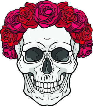 Mystical drawing:  human skull in a crown of roses. Magic, esoteric, occultism. Vector illustration isolated on white background. Print, poster, T-shirt, card. 