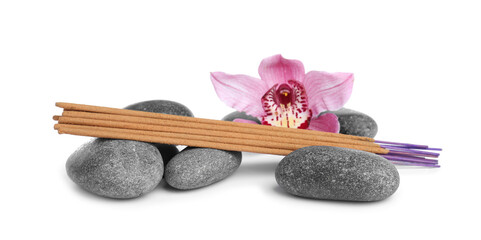Aromatic incense sticks, spa stones and orchid flower on white background