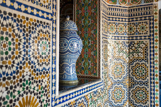 Ornate tiles with vase in Morocco
