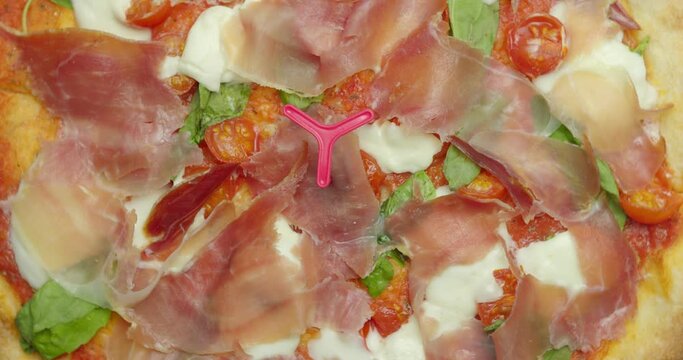 Delicious pizza surface with chease and meat rotating