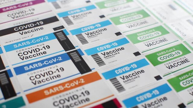 Full HD, Variety of (SARS-CoV-2)COVID-19 Coronavirus vaccine sticker labels with fake barcode