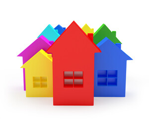 Many colorful houses icons of different sizes isolated on white. 3d illustration