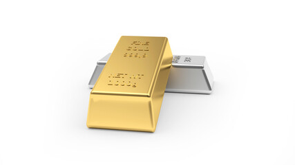 The gold bar lies on a silver bar isolated on white. 3d illustration