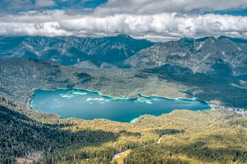 Aerial droe shot of Eibsee Lake at foot of Zugspitze in Germany