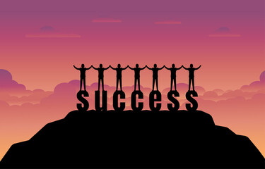 Businessman team stands on success text with sunset background