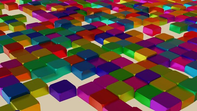 Mehrfarbiger, technischer Hintergrund in 3D, bunte Würfel bewegen sich ungeordnet auf und ab, 3D render