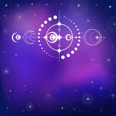 Mystical drawing: crop circle UFO,  stylized space system. Alchemy, magic, esoteric, occultism, extraterrestrial. Background - night star sky. Vector illustration. Print, poster, T-shirt, card