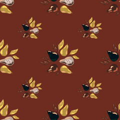 Autumn tones seamless pattern with hand drawn pears and leaf silhouettes. Brown background. Fall harvest print.