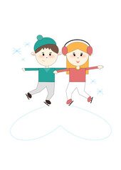 Vector illustration of a young couple ice skating. The girl performs sketches on skates in front of the guy. A guy and a girl on ice skates painted a heart