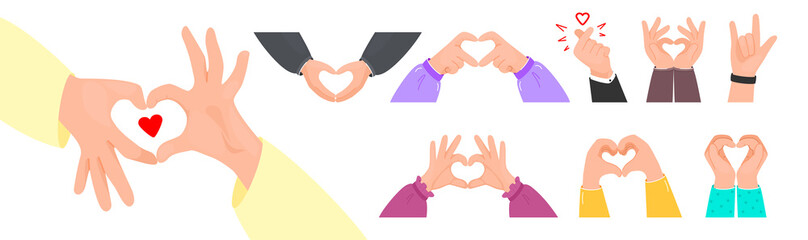 Big collection with I love you heart sign. Set of Valentine day and expressions love to you, message of love using hand gestures, shapes heart with both hands. - Powered by Adobe
