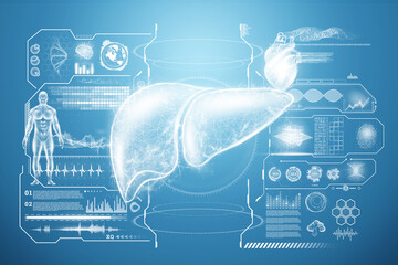 Liver hologram, liver pain, medical data and indicators. Concept for technology, hepatitis treatment, donation, online diagnostics. 3D rendering, 3D illustration.