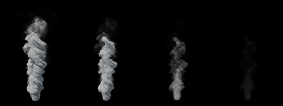 a collection set of smoke stream rise tornado isolated on black background.3D Render Illustration.
