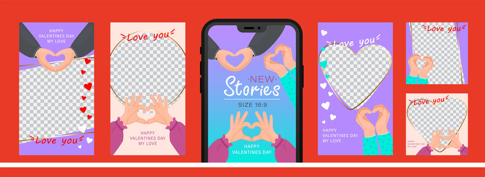 Set of design for stories with I love you heart sign. Editable template for social networks stories. For create trendy stories with message of love using hand gestures.