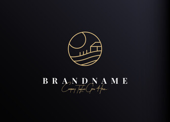 Agriculture field logo design. Vector illustration of farm field and farm house. Modern vintage icon design template with line art style.