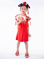 A girl in a qipao dress with her envelopes on white background. 