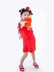 Happy Chinese new year. Asian boy in cheongsam of traditional chinese dress on white background.