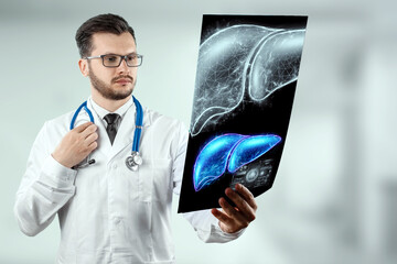 The doctor is holding a snapshot of the liver. Human hepatitis treatment business concept,...