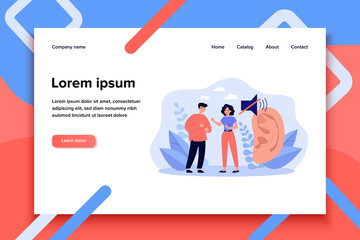 Deaf people talking with gestures flat vector illustration. Cartoon handicapped characters near large ear symbol. Sign language and hearing loss concept