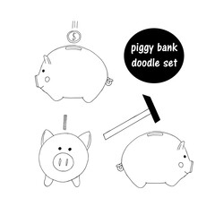 piggy bank, coin and hammer set icon, sticker. sketch hand drawn doodle style. monochrome minimalism. money, savings, coins.