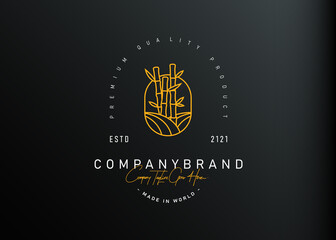 Hill and bamboo logo design. Vector illustration of bamboo forest located between the hills. Modern vintage icon design template with line art style.