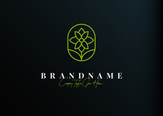 Fototapeta premium Nature flower logo design. Vector illustration of Nature green flower monoline design. Modern vintage icon design template with line art style.