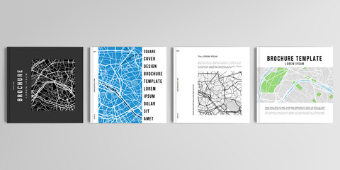 Realistic vector layouts of cover mockup design templates with urban city map of Paris for square brochure, cover design, flyer, book design, magazine, poster.