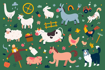 Cute farm animals collection, flat animal illustration, cow, sheep and rooster with face expressions, cartoon characters for kids isolated, flat vector cliparts.
