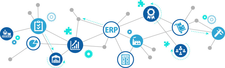 ERP vector illustration. Concept with connected icons related to enterprise resource planning software, system or interface, company management resources and corporate information or strategy. - obrazy, fototapety, plakaty