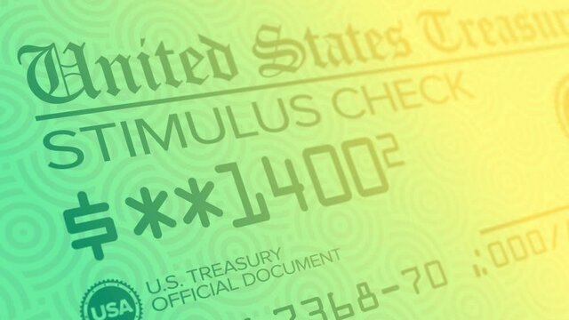 A stylized background animation of a fictional United States stimulus check. The Biden administration pushed for $1400 checks during the COVID-19 pandemic.  	