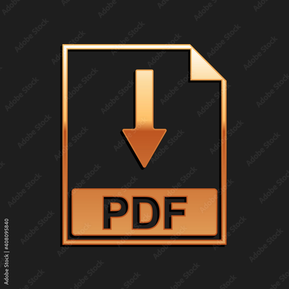 Poster gold pdf file document icon isolated on black background. download pdf button sign. long shadow styl