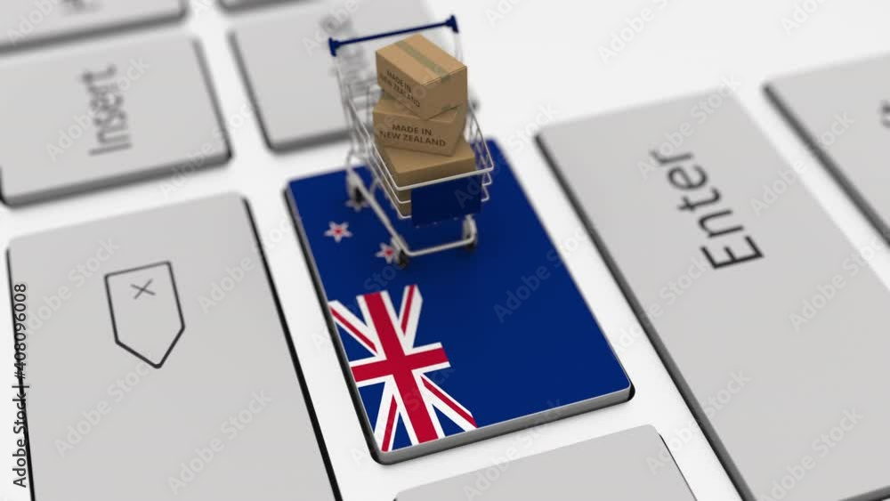 Poster cardboard boxes with made in new zealand text and shopping cart on the keyboard. conceptual looping 