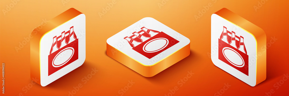 Poster isometric pack of beer bottles icon isolated on orange background. case crate beer box sign. orange 