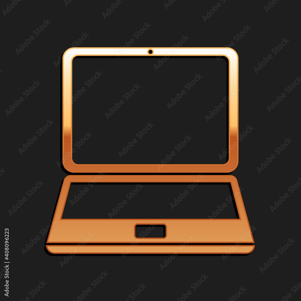 Poster gold laptop icon isolated on black background. computer notebook with empty screen sign. long shadow